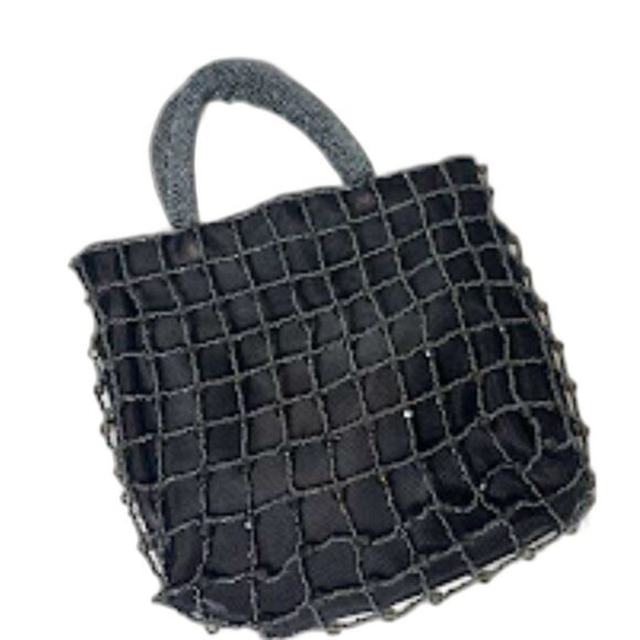 VTG Bloomingdales Beaded Bag Clutch Evening Event black Seed Bead Ibiza Dinner - Picture 1 of 9